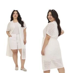 Torrid, White Crochet Duster cardigan, waist tie